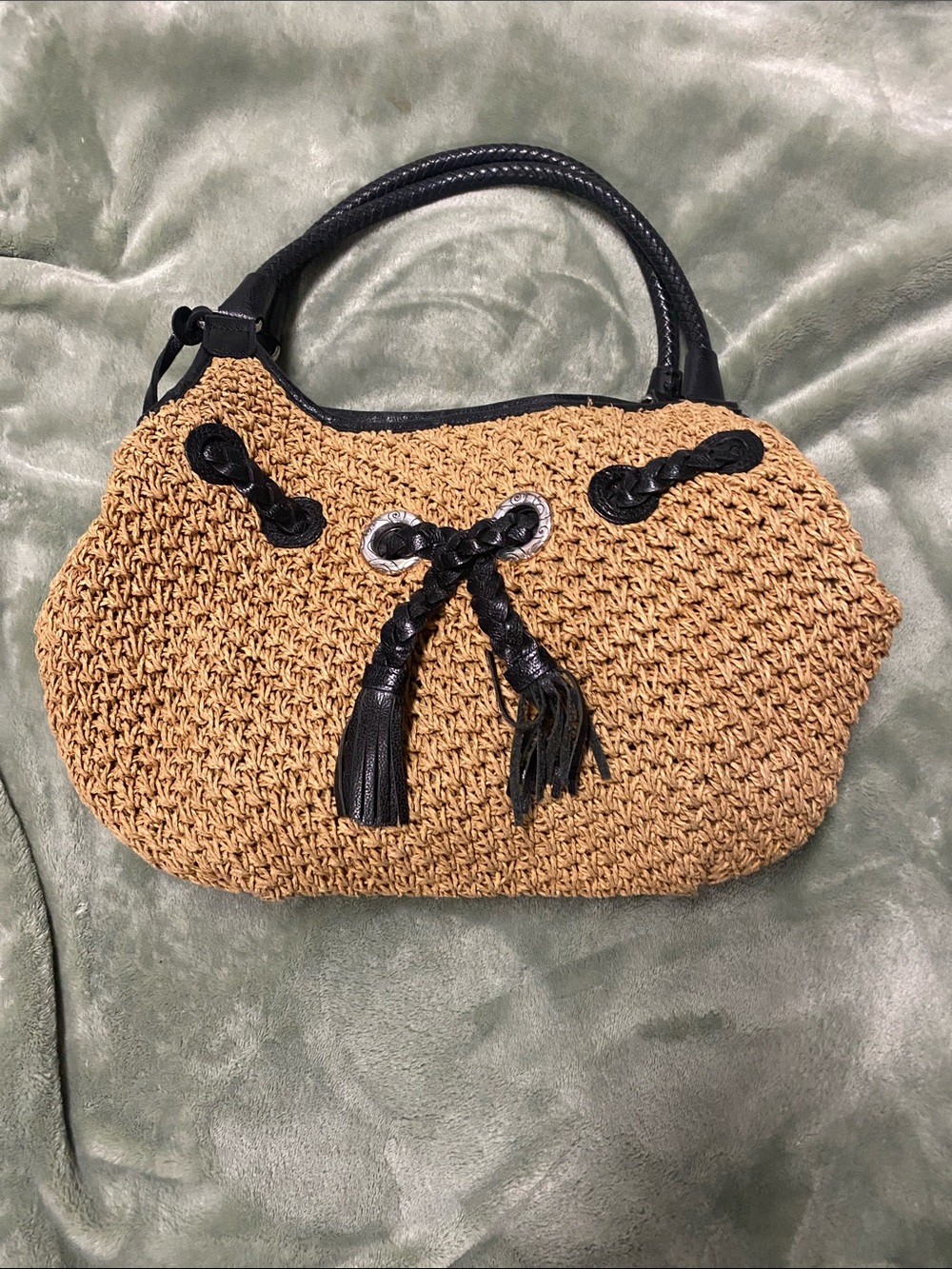 Brighton Woven Straw Tote with Black Leather Trim and Tassel